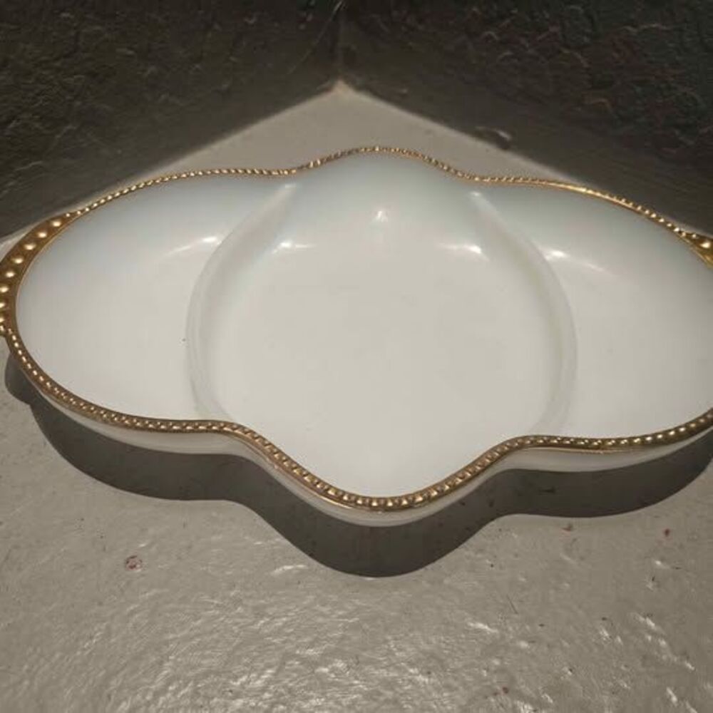 Anchor Hocking Fire King Divided Relish Tray or Dish Milk Glass and Gold Trim